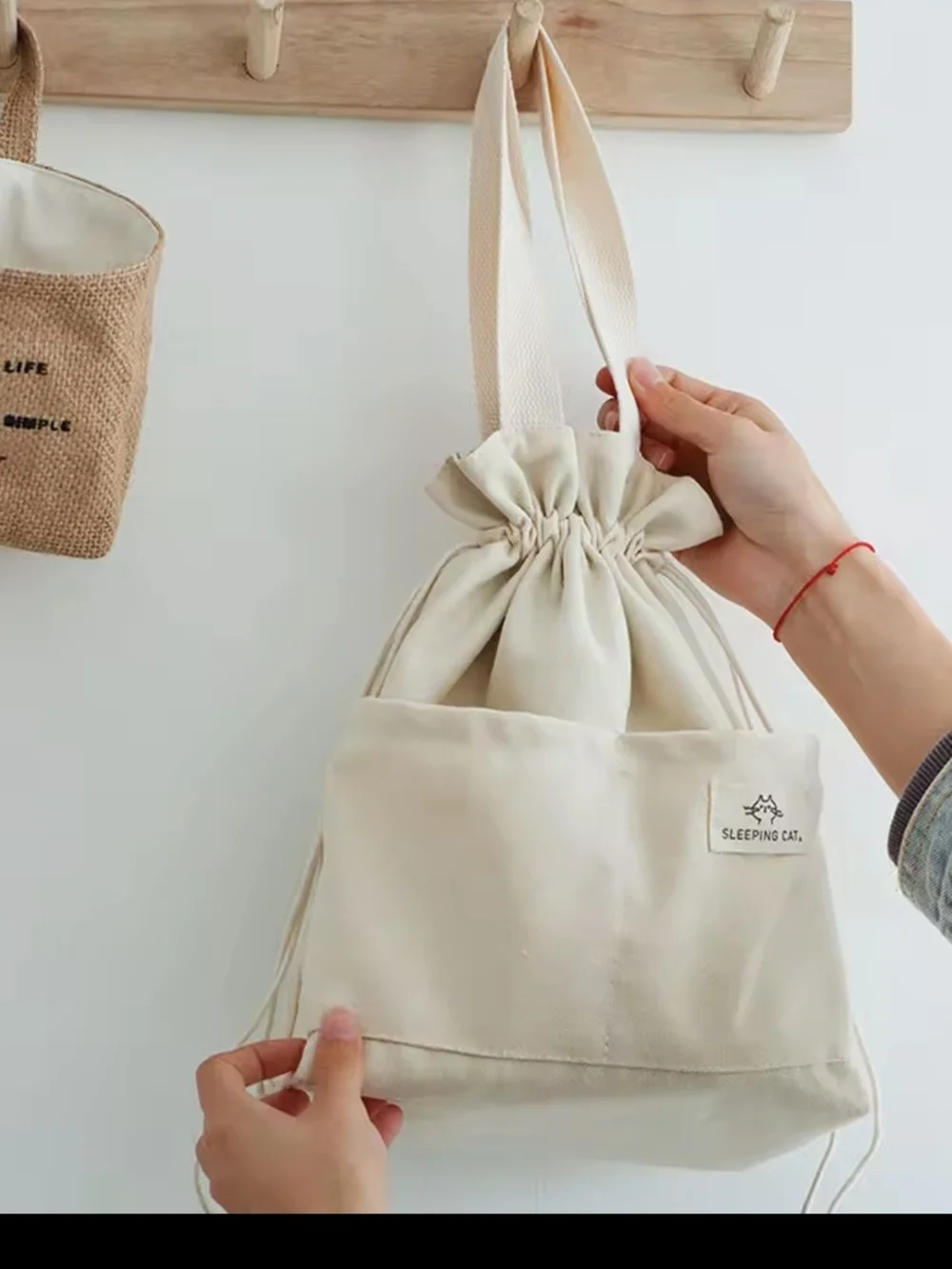 Cream Canvas Drawstring Tote with Front Pocket Insulated Lunch Bag Cooler Mini P